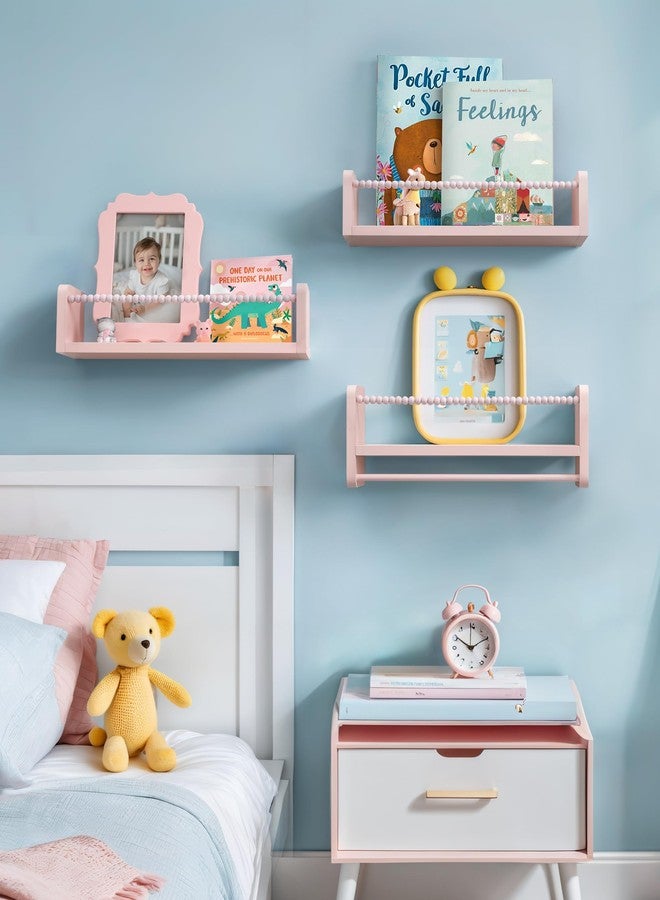 Maxpeuvon Nursery Book Shelves, Set of 3 Kids Bookshelves Natural Wood Wall Mount Organizer with Towel Bar Hanging Nursery Decor for Kids Room, Playroom, Bedroom and Kitchen, Pink - Image 2